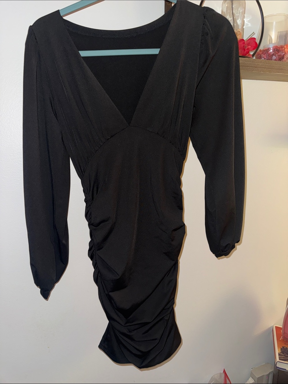SHEIN Black V-Neck Ruched Midi Dress